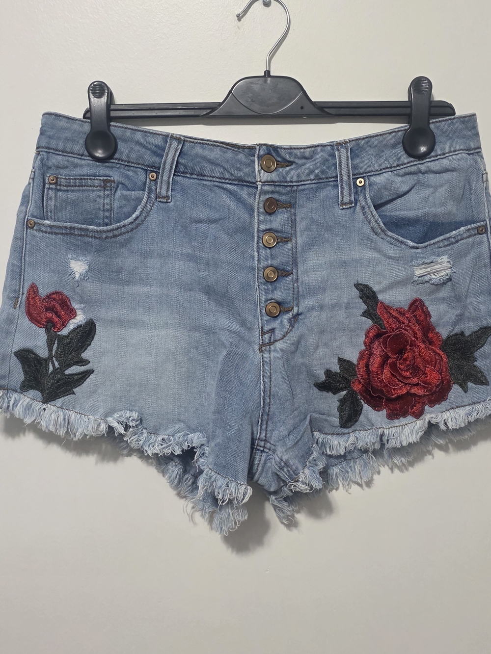 NOBO Light Blue Denim Shorts with Red Rose Appliqué